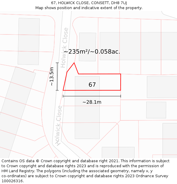 67, HOLWICK CLOSE, CONSETT, DH8 7UJ: Plot and title map