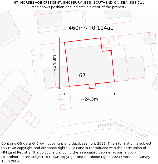 67, HORSESHOE CRESCENT, SHOEBURYNESS, SOUTHEND-ON-SEA, SS3 9WL: Plot and title map