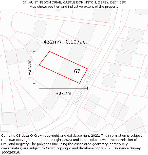 67, HUNTINGDON DRIVE, CASTLE DONINGTON, DERBY, DE74 2SR: Plot and title map