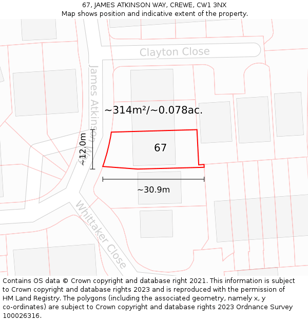 67, JAMES ATKINSON WAY, CREWE, CW1 3NX: Plot and title map
