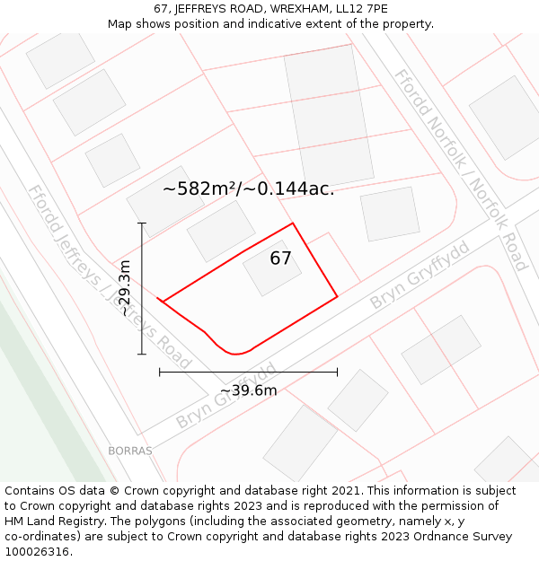 67, JEFFREYS ROAD, WREXHAM, LL12 7PE: Plot and title map