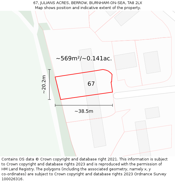 67, JULIANS ACRES, BERROW, BURNHAM-ON-SEA, TA8 2LX: Plot and title map