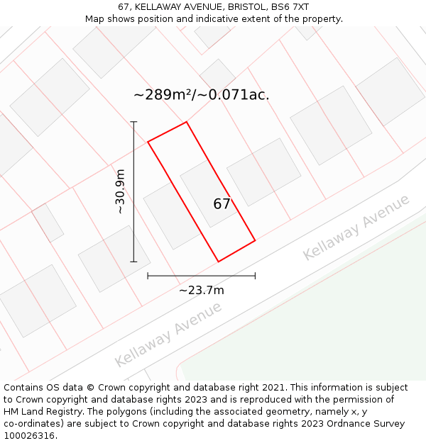 67, KELLAWAY AVENUE, BRISTOL, BS6 7XT: Plot and title map