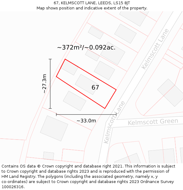 67, KELMSCOTT LANE, LEEDS, LS15 8JT: Plot and title map