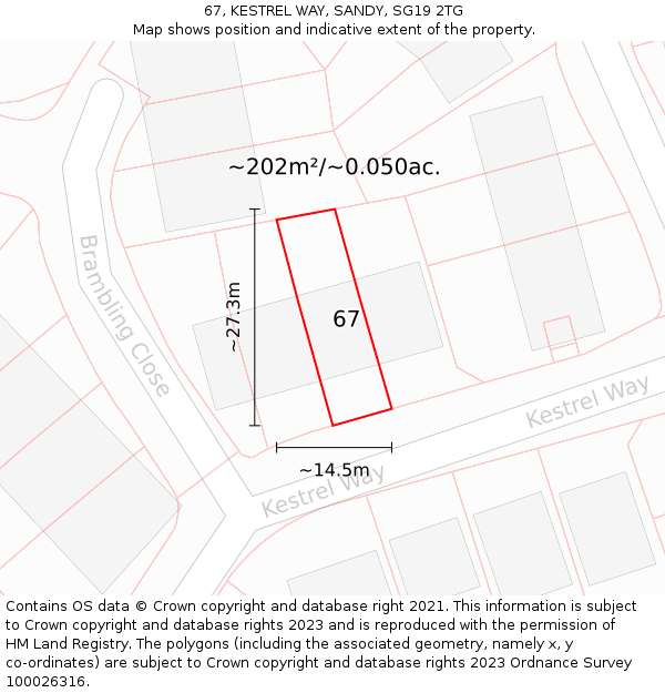 67, KESTREL WAY, SANDY, SG19 2TG: Plot and title map
