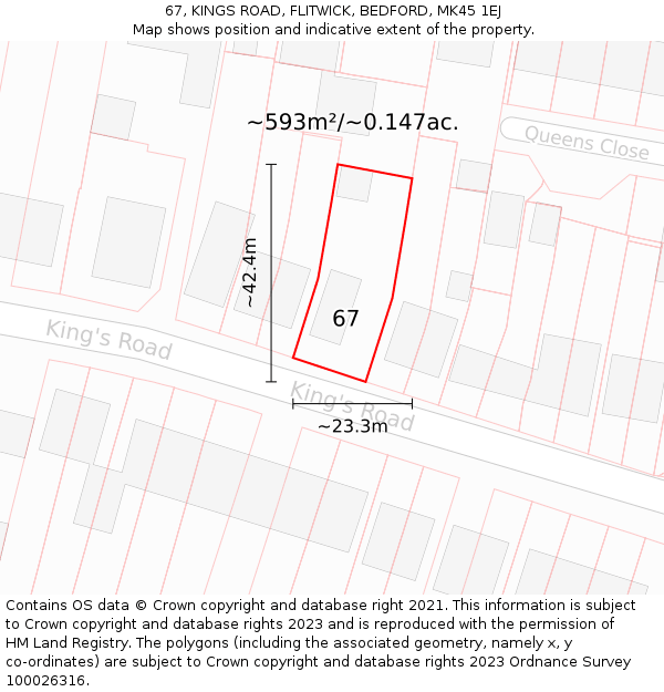67, KINGS ROAD, FLITWICK, BEDFORD, MK45 1EJ: Plot and title map