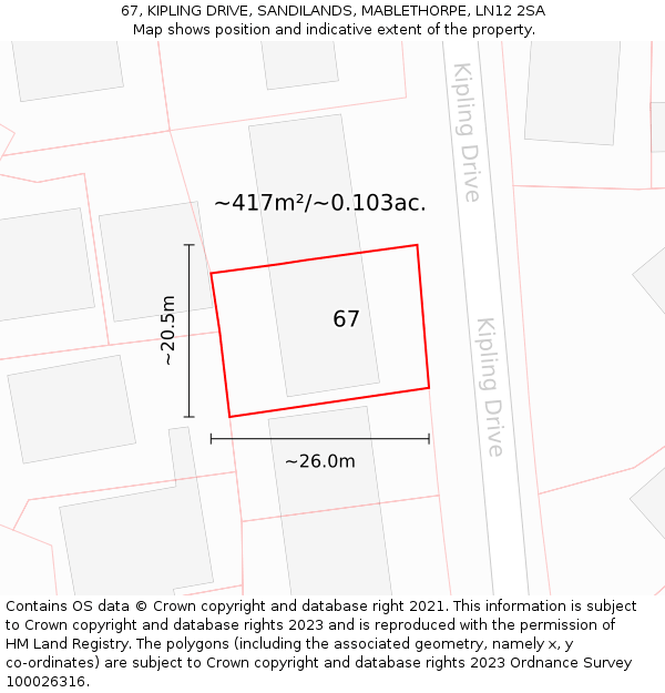 67, KIPLING DRIVE, SANDILANDS, MABLETHORPE, LN12 2SA: Plot and title map