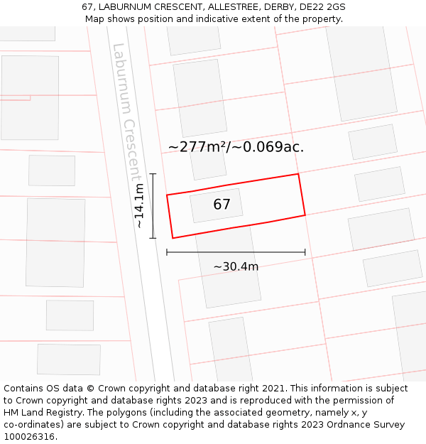 67, LABURNUM CRESCENT, ALLESTREE, DERBY, DE22 2GS: Plot and title map
