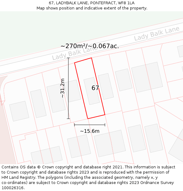 67, LADYBALK LANE, PONTEFRACT, WF8 1LA: Plot and title map