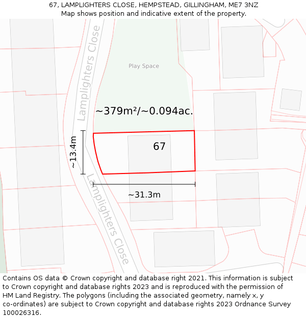 67, LAMPLIGHTERS CLOSE, HEMPSTEAD, GILLINGHAM, ME7 3NZ: Plot and title map
