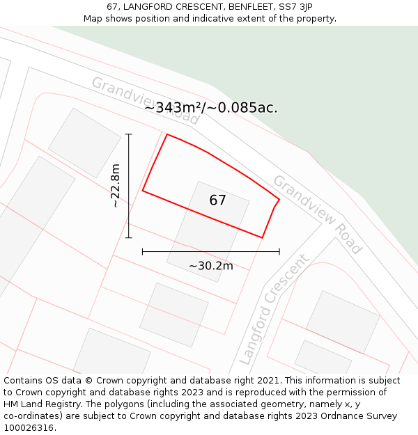 67, LANGFORD CRESCENT, BENFLEET, SS7 3JP: Plot and title map