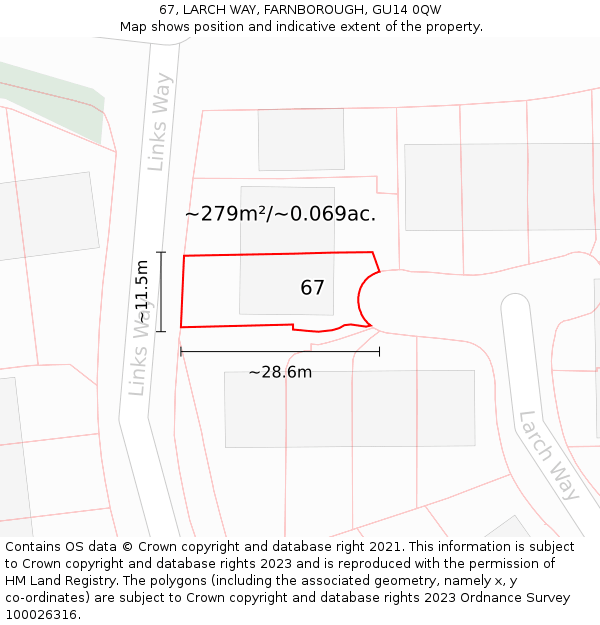 67, LARCH WAY, FARNBOROUGH, GU14 0QW: Plot and title map
