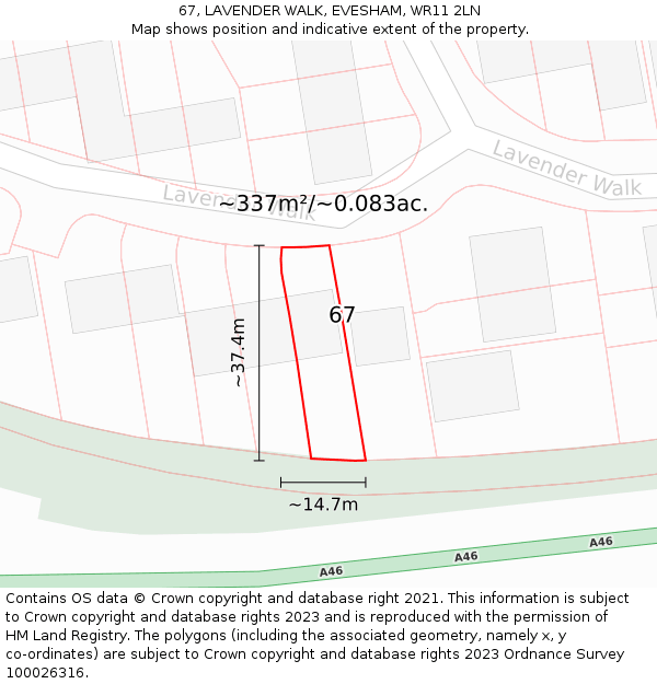 67, LAVENDER WALK, EVESHAM, WR11 2LN: Plot and title map