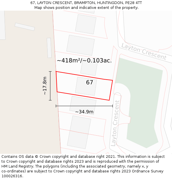 67, LAYTON CRESCENT, BRAMPTON, HUNTINGDON, PE28 4TT: Plot and title map