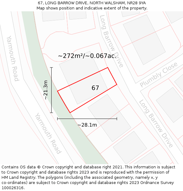 67, LONG BARROW DRIVE, NORTH WALSHAM, NR28 9YA: Plot and title map