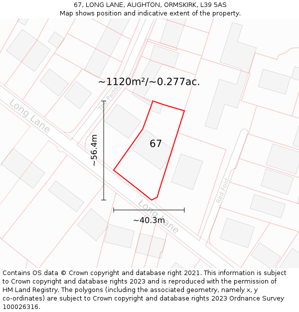 67, LONG LANE, AUGHTON, ORMSKIRK, L39 5AS: Plot and title map
