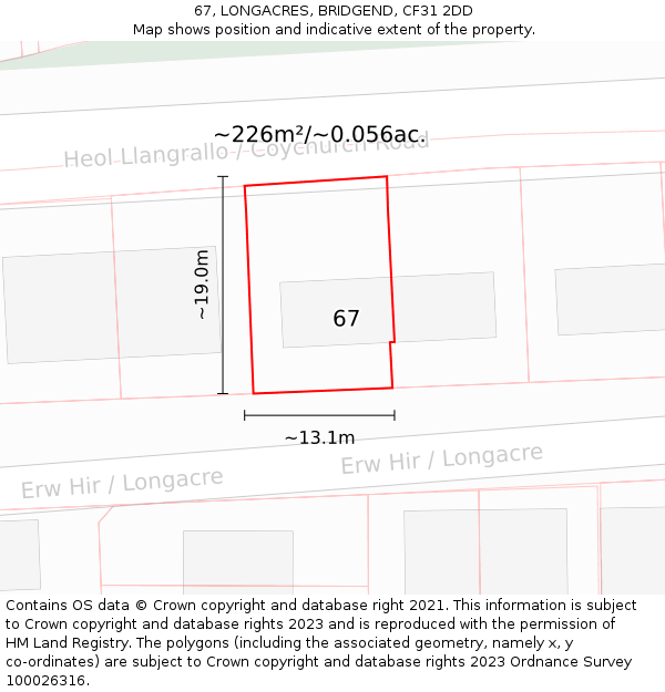 67, LONGACRES, BRIDGEND, CF31 2DD: Plot and title map