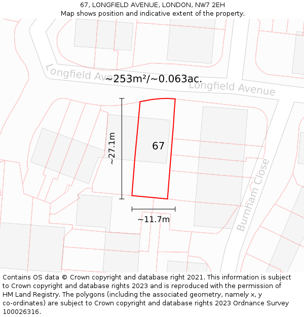 67, LONGFIELD AVENUE, LONDON, NW7 2EH: Plot and title map