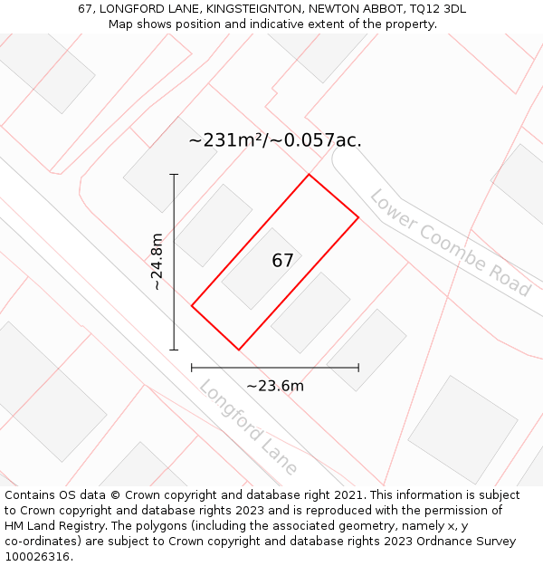 67, LONGFORD LANE, KINGSTEIGNTON, NEWTON ABBOT, TQ12 3DL: Plot and title map