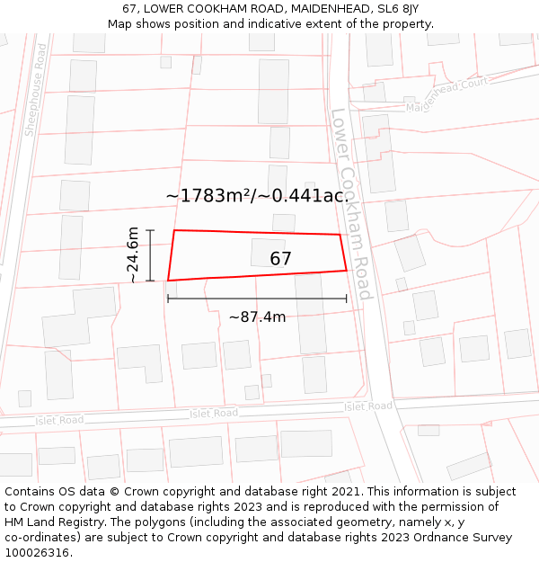 67, LOWER COOKHAM ROAD, MAIDENHEAD, SL6 8JY: Plot and title map