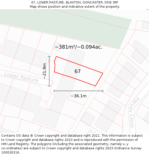 67, LOWER PASTURE, BLAXTON, DONCASTER, DN9 3RF: Plot and title map
