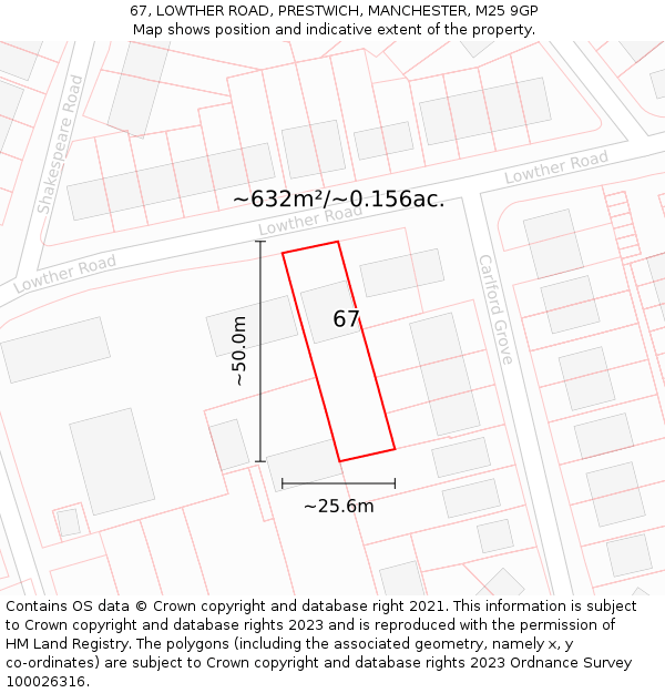 67, LOWTHER ROAD, PRESTWICH, MANCHESTER, M25 9GP: Plot and title map