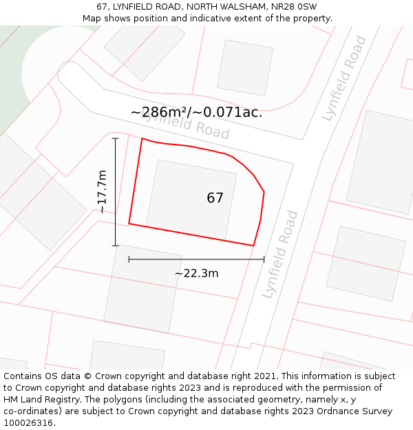 67, LYNFIELD ROAD, NORTH WALSHAM, NR28 0SW: Plot and title map
