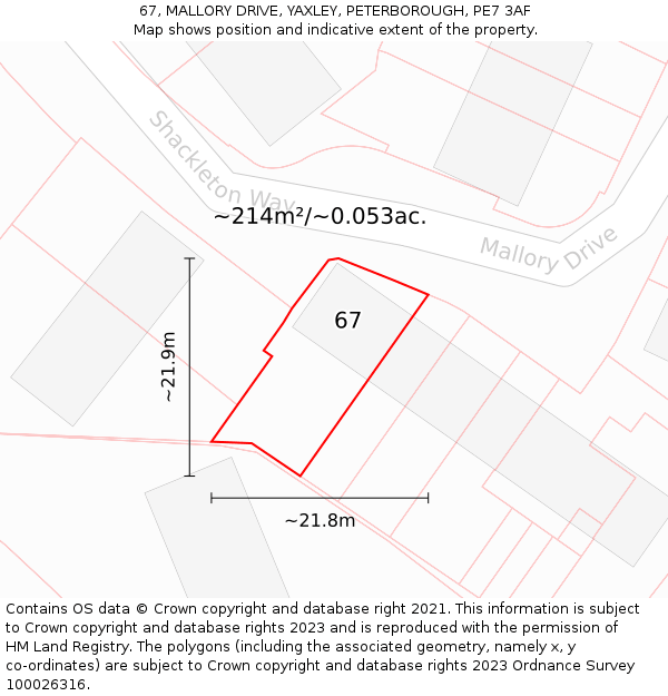 67, MALLORY DRIVE, YAXLEY, PETERBOROUGH, PE7 3AF: Plot and title map