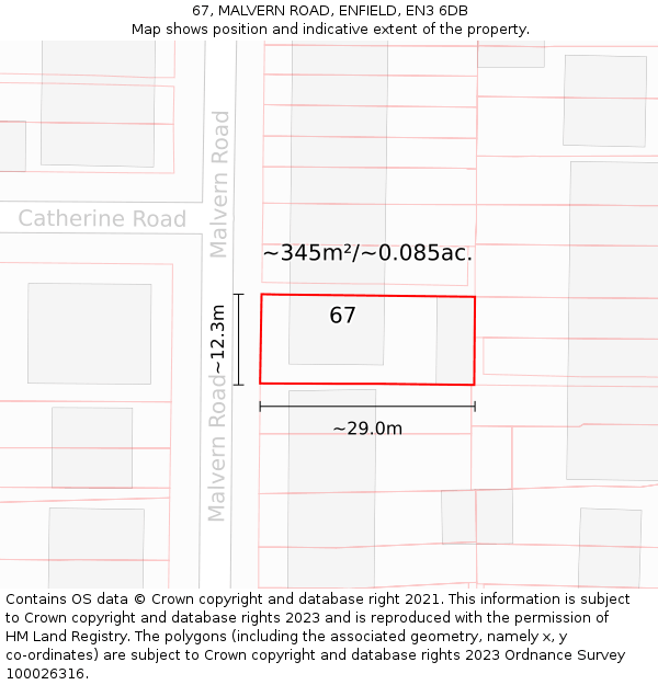 67, MALVERN ROAD, ENFIELD, EN3 6DB: Plot and title map