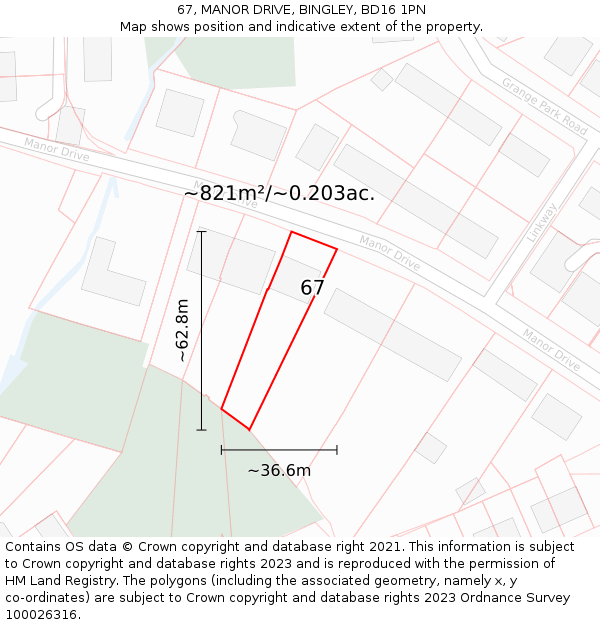 67, MANOR DRIVE, BINGLEY, BD16 1PN: Plot and title map
