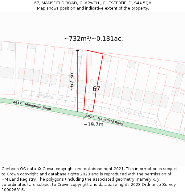 67, MANSFIELD ROAD, GLAPWELL, CHESTERFIELD, S44 5QA: Plot and title map