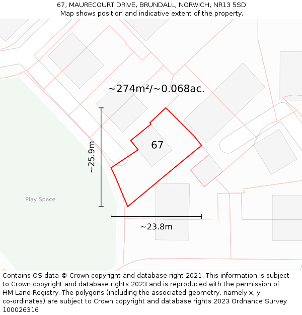 67, MAURECOURT DRIVE, BRUNDALL, NORWICH, NR13 5SD: Plot and title map