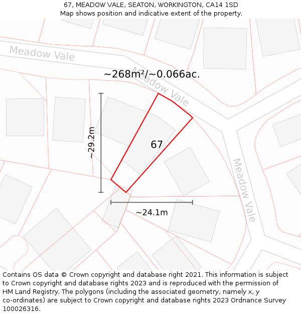 67, MEADOW VALE, SEATON, WORKINGTON, CA14 1SD: Plot and title map