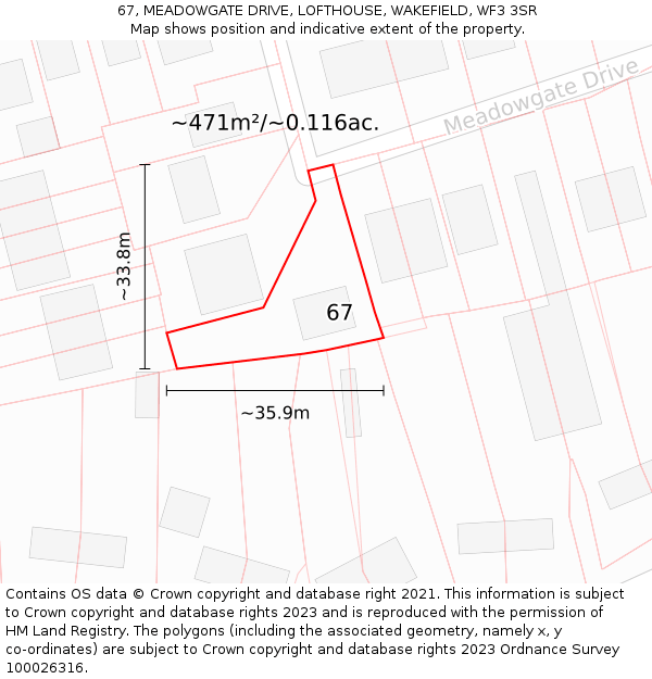 67, MEADOWGATE DRIVE, LOFTHOUSE, WAKEFIELD, WF3 3SR: Plot and title map