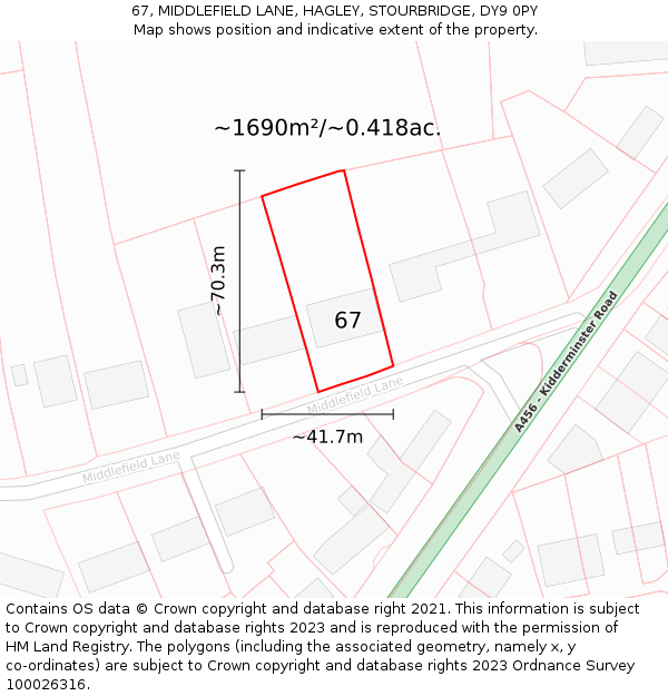 67, MIDDLEFIELD LANE, HAGLEY, STOURBRIDGE, DY9 0PY: Plot and title map