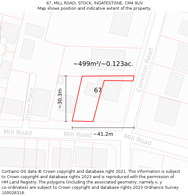 67, MILL ROAD, STOCK, INGATESTONE, CM4 9LN: Plot and title map