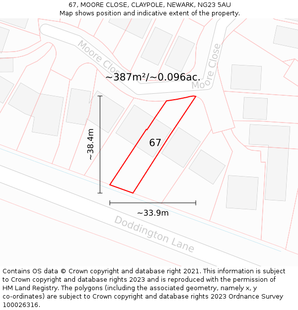 67, MOORE CLOSE, CLAYPOLE, NEWARK, NG23 5AU: Plot and title map