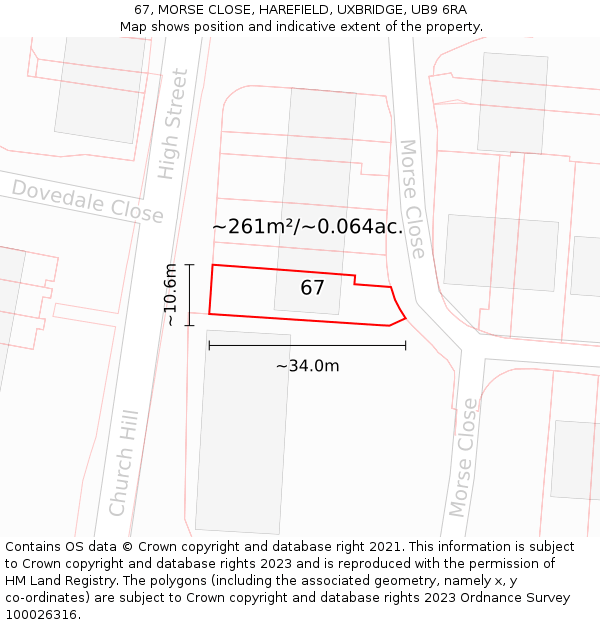 67, MORSE CLOSE, HAREFIELD, UXBRIDGE, UB9 6RA: Plot and title map