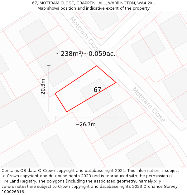 67, MOTTRAM CLOSE, GRAPPENHALL, WARRINGTON, WA4 2XU: Plot and title map