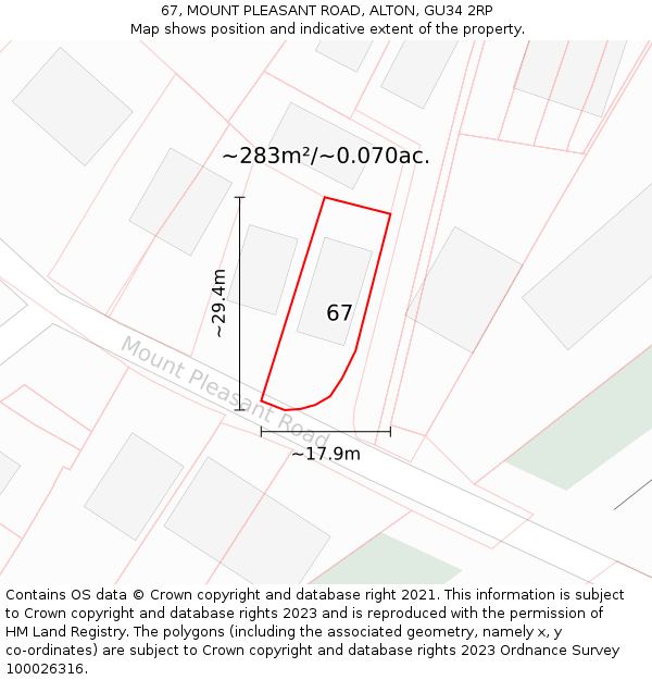 67, MOUNT PLEASANT ROAD, ALTON, GU34 2RP: Plot and title map