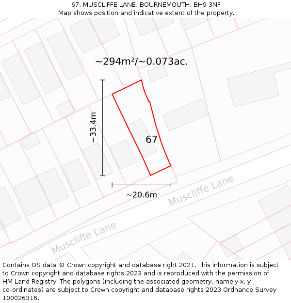 67, MUSCLIFFE LANE, BOURNEMOUTH, BH9 3NF: Plot and title map