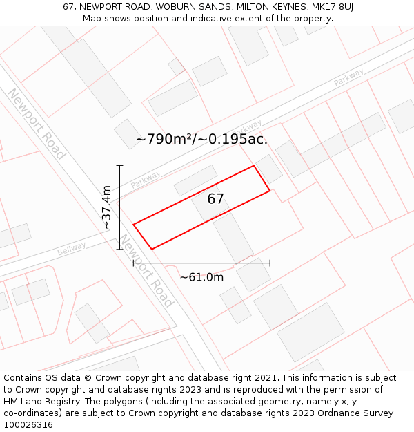 67, NEWPORT ROAD, WOBURN SANDS, MILTON KEYNES, MK17 8UJ: Plot and title map