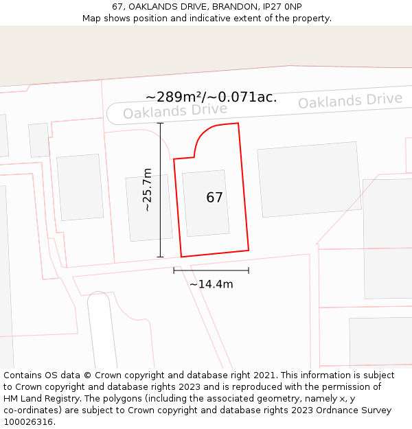 67, OAKLANDS DRIVE, BRANDON, IP27 0NP: Plot and title map