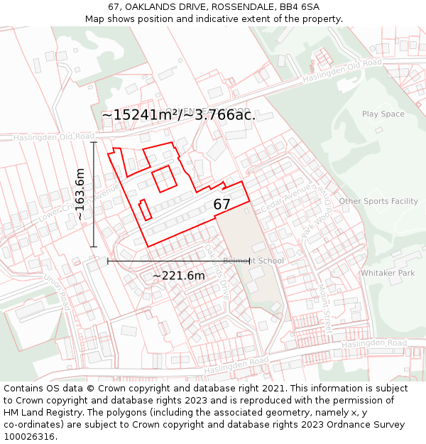 67, OAKLANDS DRIVE, ROSSENDALE, BB4 6SA: Plot and title map