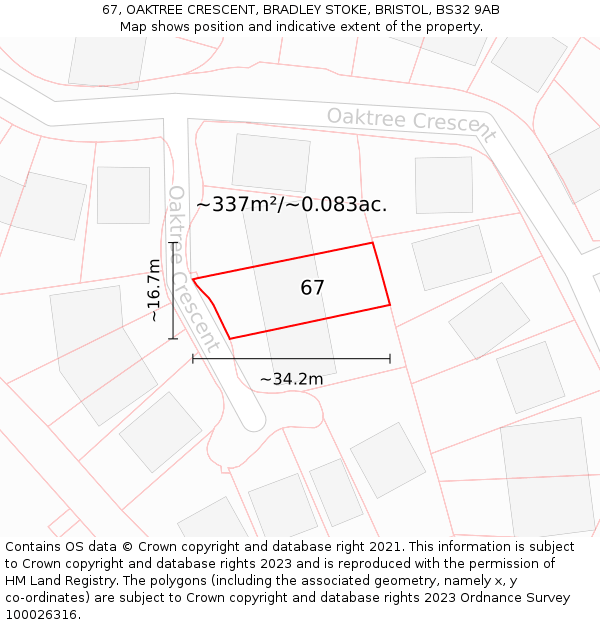 67, OAKTREE CRESCENT, BRADLEY STOKE, BRISTOL, BS32 9AB: Plot and title map