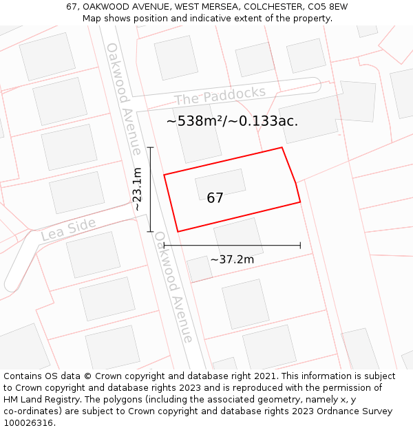 67, OAKWOOD AVENUE, WEST MERSEA, COLCHESTER, CO5 8EW: Plot and title map