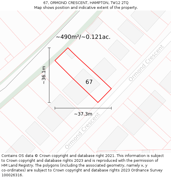 67, ORMOND CRESCENT, HAMPTON, TW12 2TQ: Plot and title map