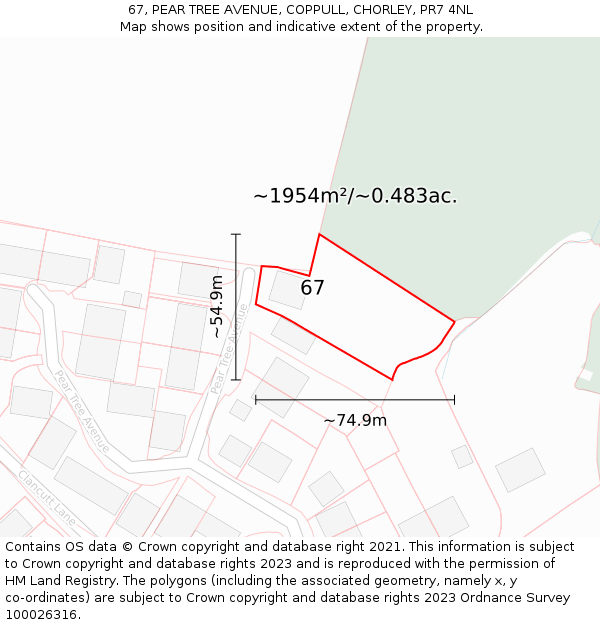 67, PEAR TREE AVENUE, COPPULL, CHORLEY, PR7 4NL: Plot and title map