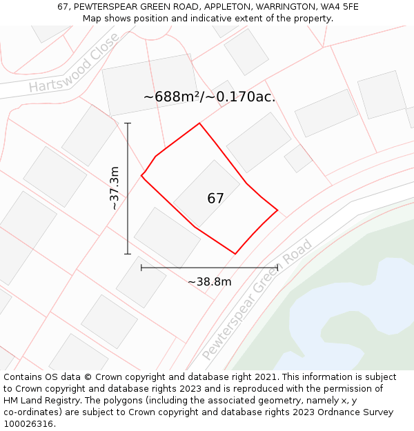 67, PEWTERSPEAR GREEN ROAD, APPLETON, WARRINGTON, WA4 5FE: Plot and title map