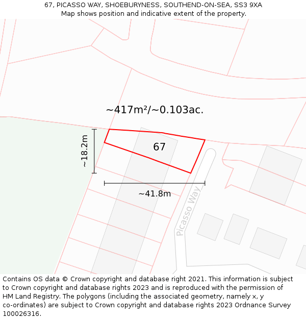 67, PICASSO WAY, SHOEBURYNESS, SOUTHEND-ON-SEA, SS3 9XA: Plot and title map